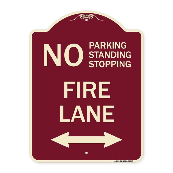 No Parking Standing or Stopping Fire Lane W/ Bidirectional Arrow Alum Sign, 24" x 18", BU-1824-23613